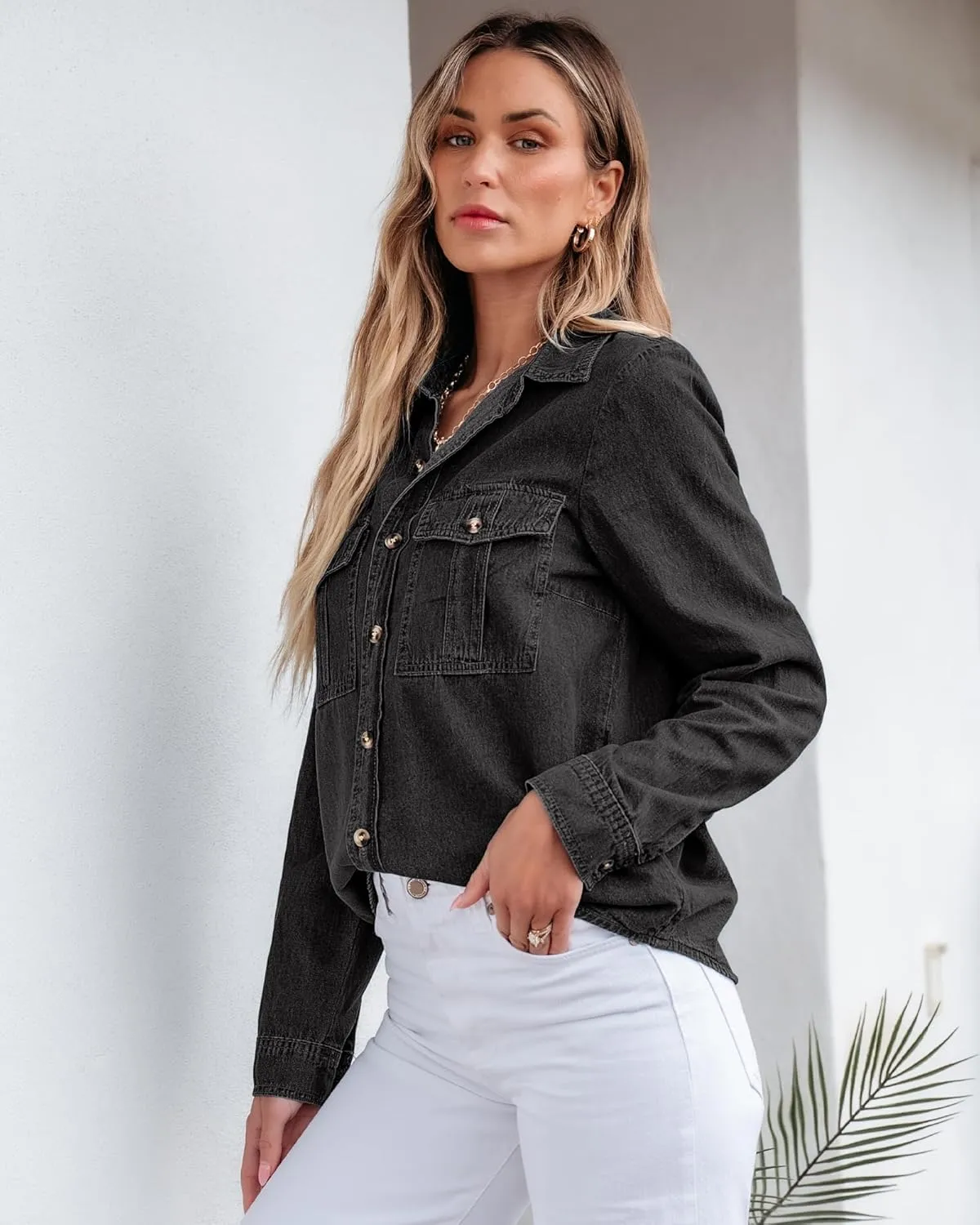 GRAPENT Denim Button Down Shirts for Women Long Sleeve Western Top Casual Cotton Relaxed Fit Jean Shirt Jacket Shacket