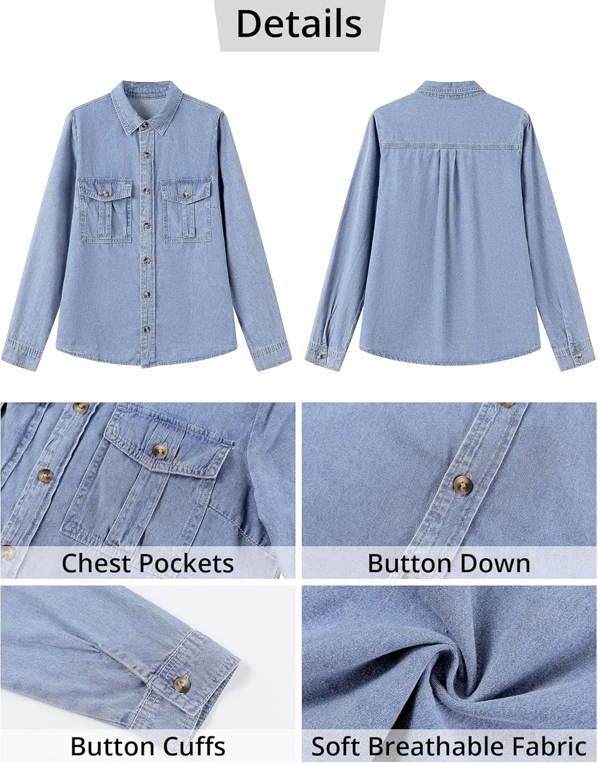 GRAPENT Denim Button Down Shirts for Women Long Sleeve Western Top Casual Cotton Relaxed Fit Jean Shirt Jacket Shacket