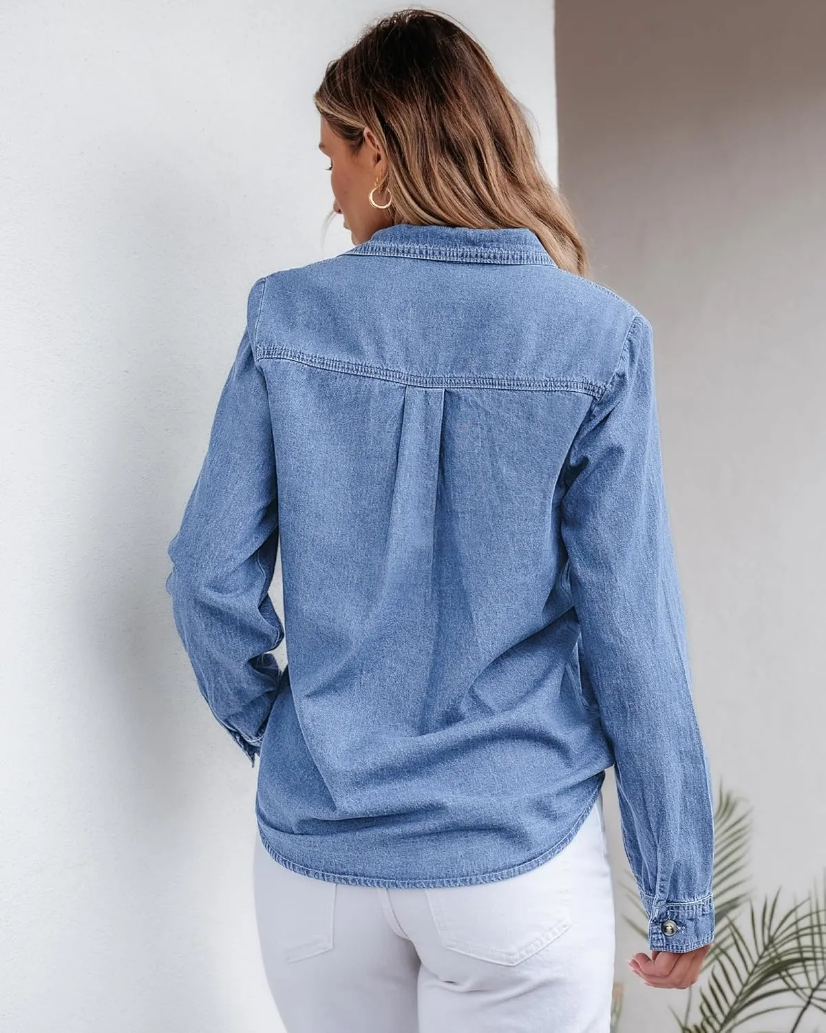 GRAPENT Denim Button Down Shirts for Women Long Sleeve Western Top Casual Cotton Relaxed Fit Jean Shirt Jacket Shacket