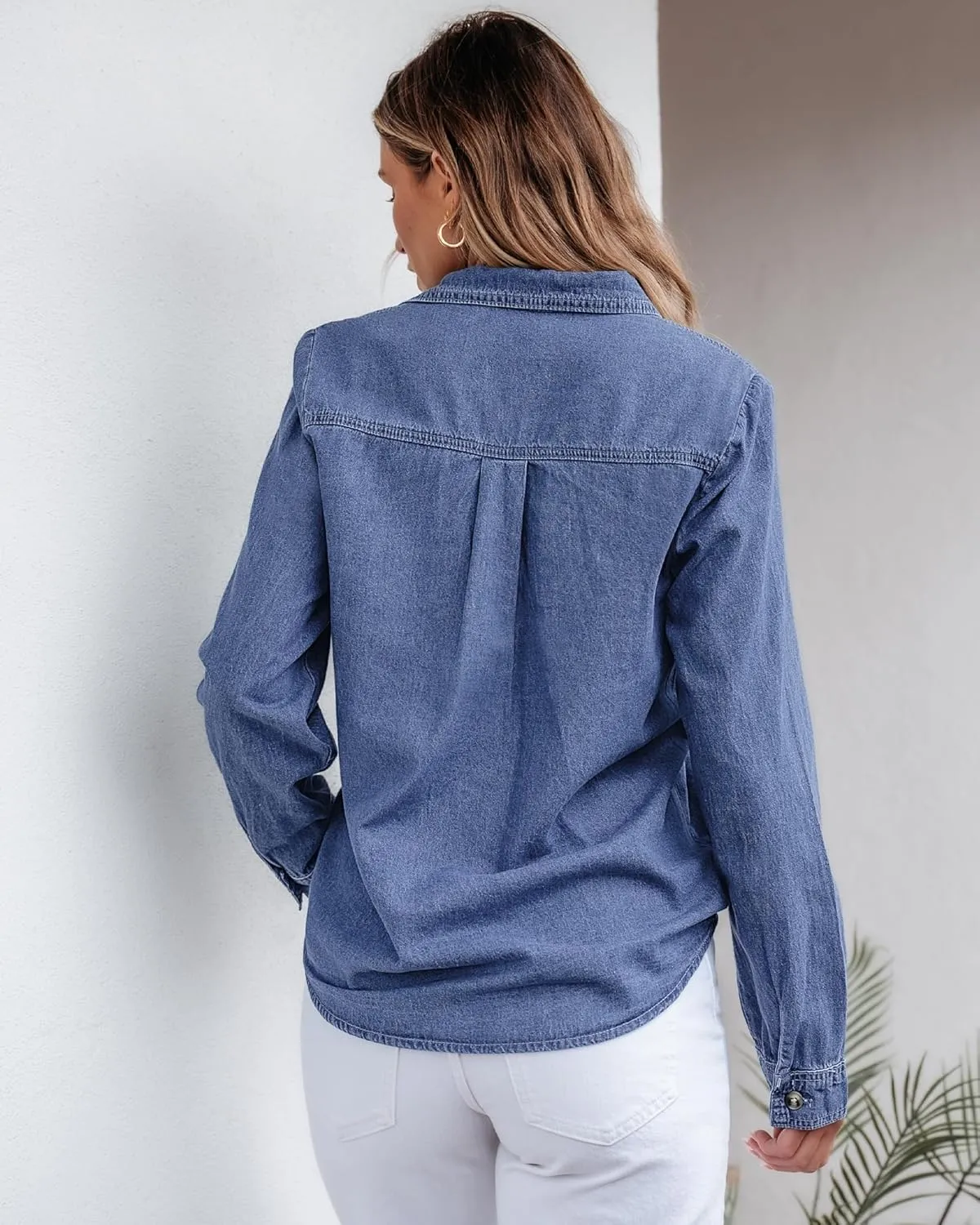 GRAPENT Denim Button Down Shirts for Women Long Sleeve Western Top Casual Cotton Relaxed Fit Jean Shirt Jacket Shacket