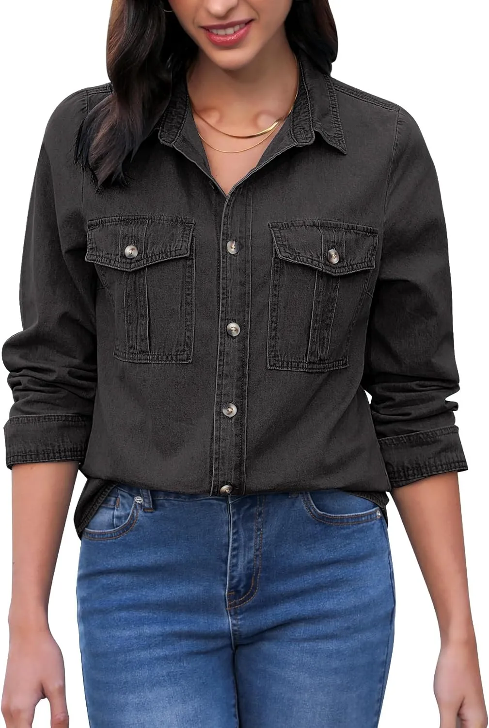 GRAPENT Denim Button Down Shirts for Women Long Sleeve Western Top Casual Cotton Relaxed Fit Jean Shirt Jacket Shacket