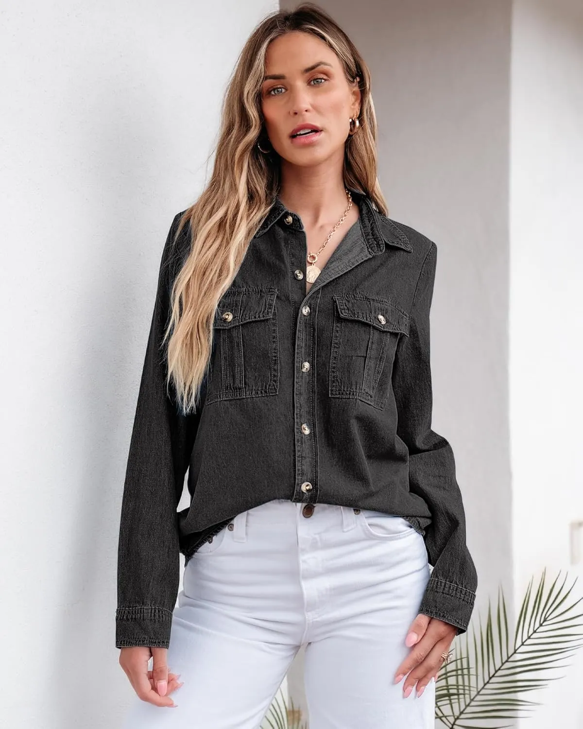 GRAPENT Denim Button Down Shirts for Women Long Sleeve Western Top Casual Cotton Relaxed Fit Jean Shirt Jacket Shacket