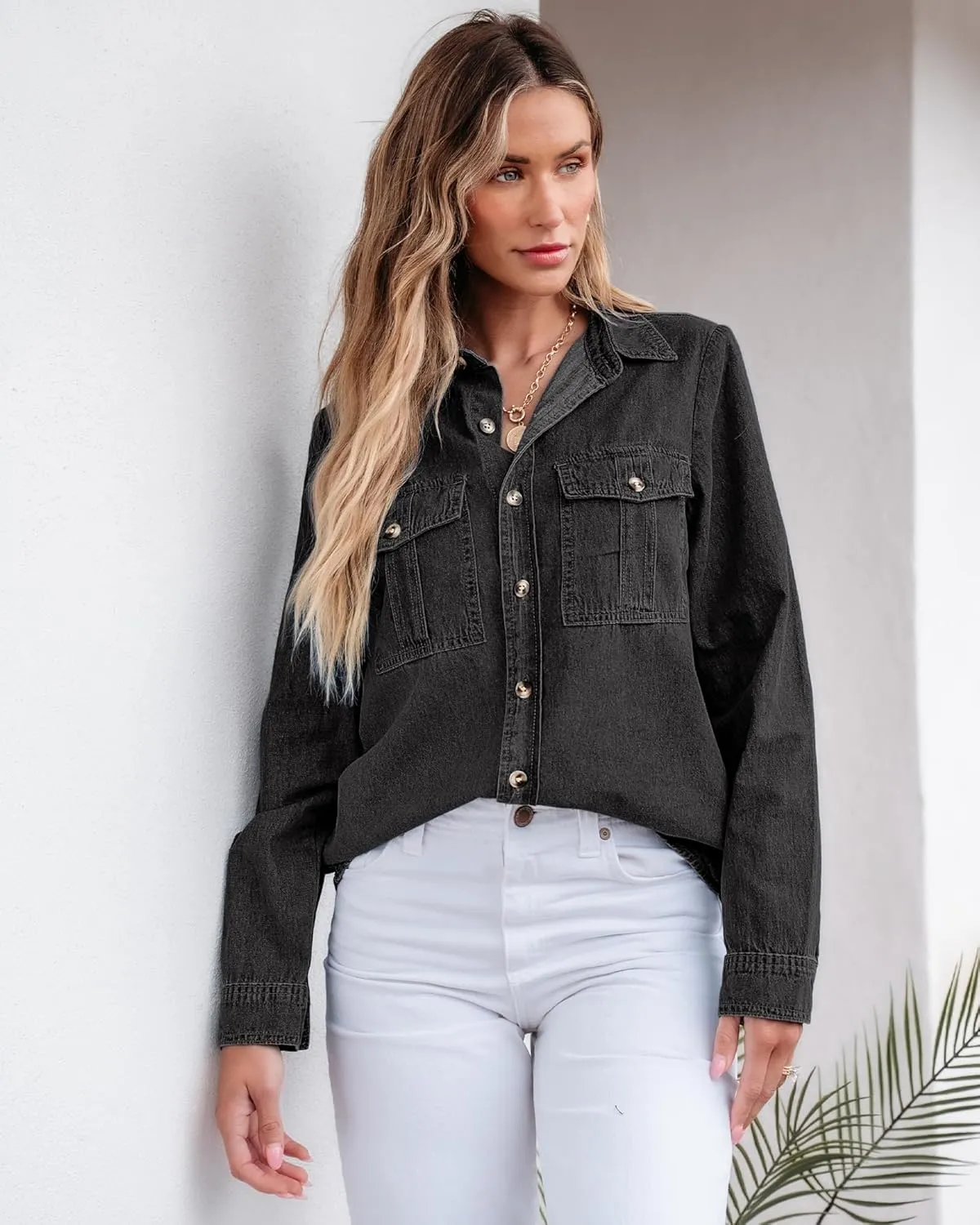 GRAPENT Denim Button Down Shirts for Women Long Sleeve Western Top Casual Cotton Relaxed Fit Jean Shirt Jacket Shacket