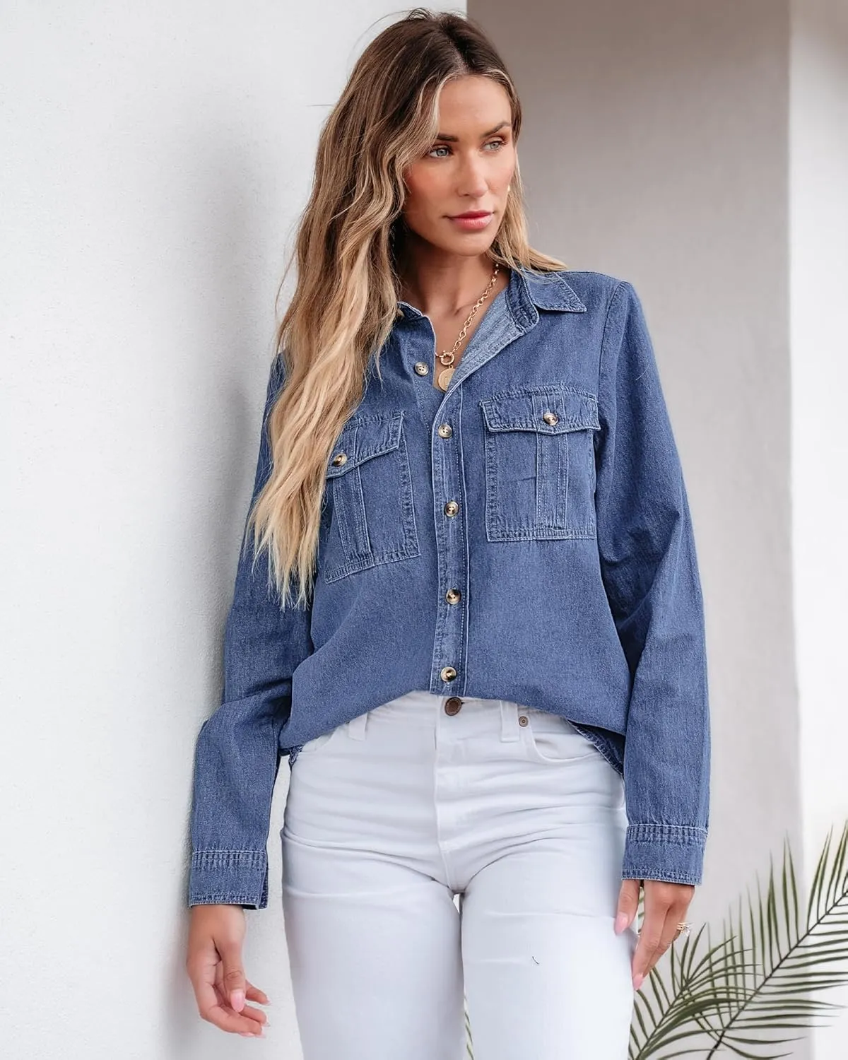 GRAPENT Denim Button Down Shirts for Women Long Sleeve Western Top Casual Cotton Relaxed Fit Jean Shirt Jacket Shacket