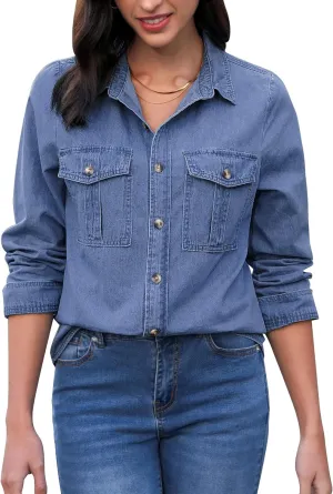 GRAPENT Denim Button Down Shirts for Women Long Sleeve Western Top Casual Cotton Relaxed Fit Jean Shirt Jacket Shacket