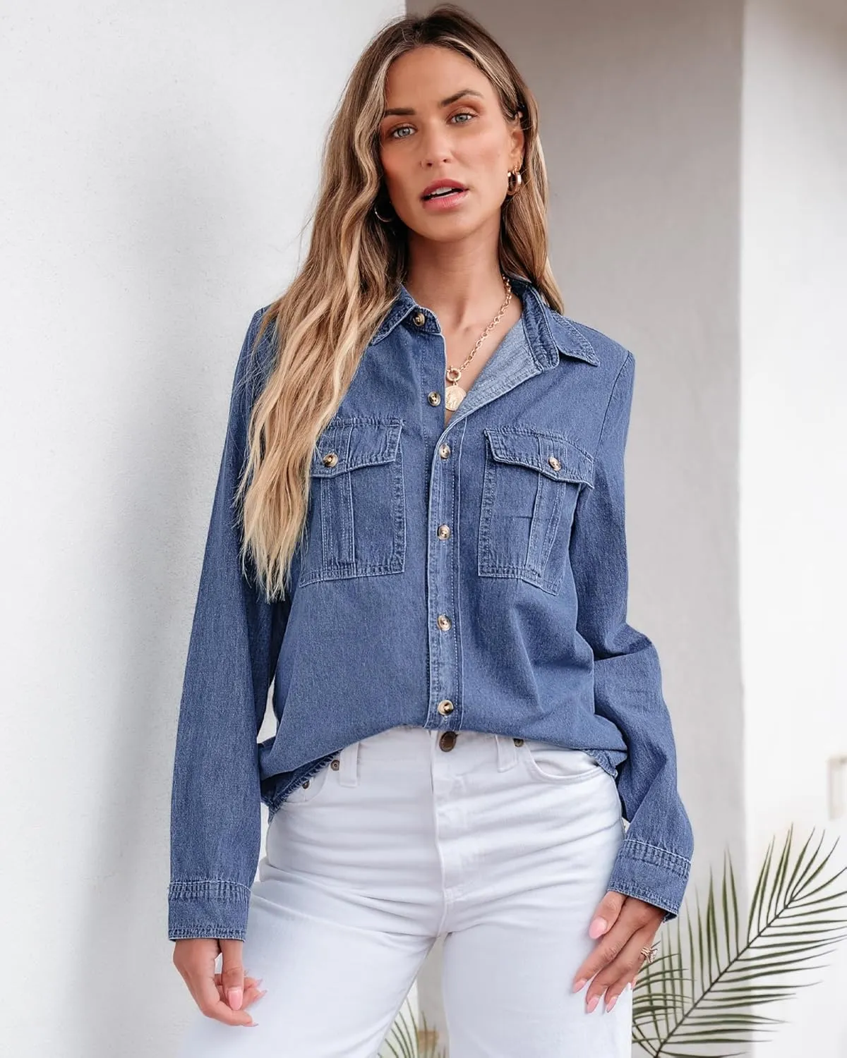 GRAPENT Denim Button Down Shirts for Women Long Sleeve Western Top Casual Cotton Relaxed Fit Jean Shirt Jacket Shacket