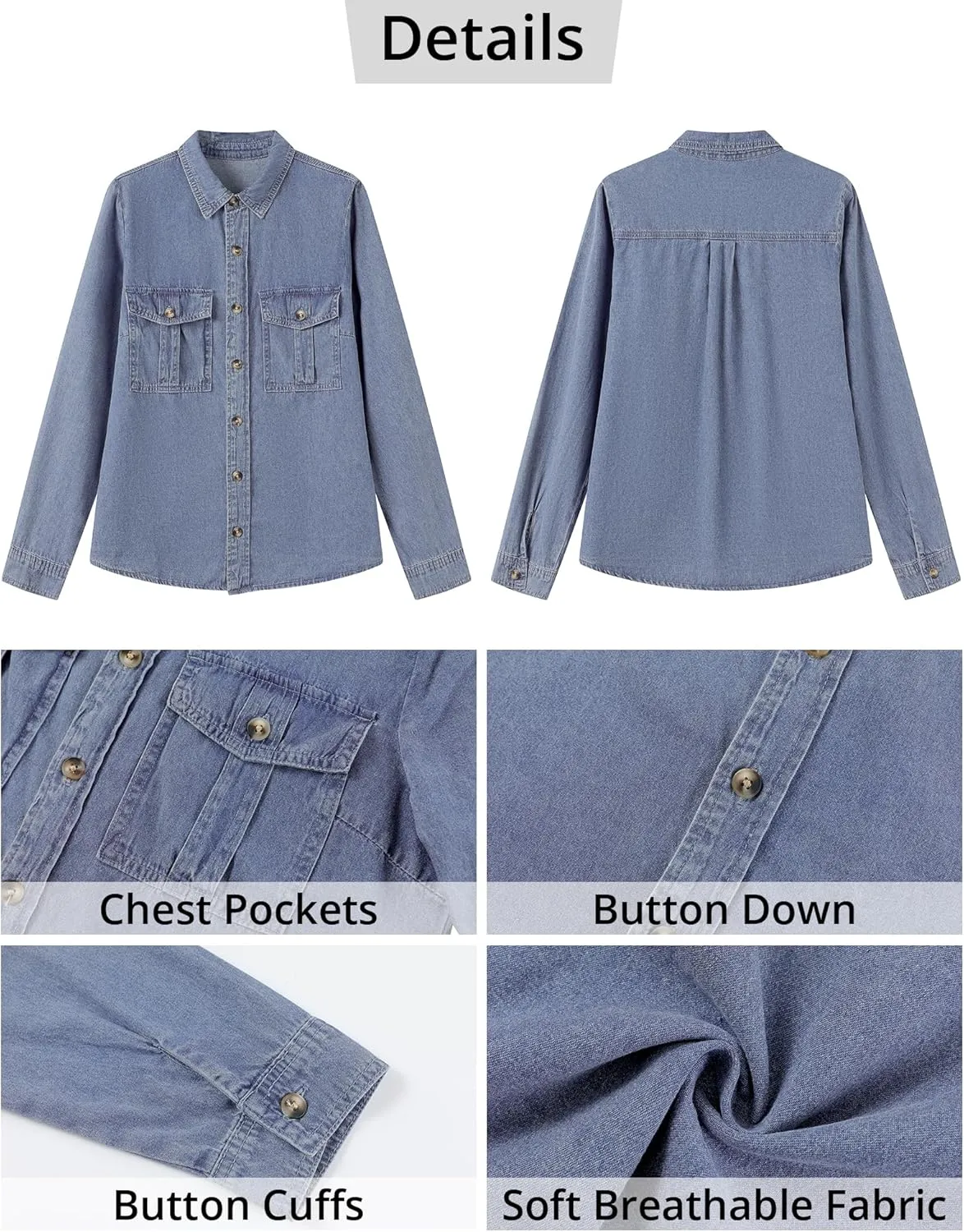 GRAPENT Denim Button Down Shirts for Women Long Sleeve Western Top Casual Cotton Relaxed Fit Jean Shirt Jacket Shacket