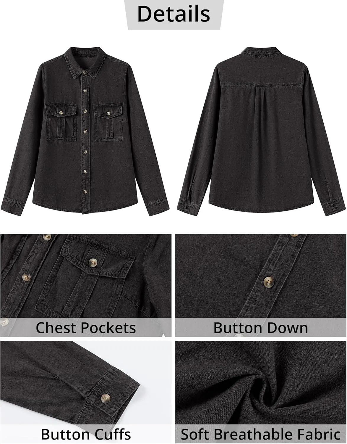 GRAPENT Denim Button Down Shirts for Women Long Sleeve Western Top Casual Cotton Relaxed Fit Jean Shirt Jacket Shacket