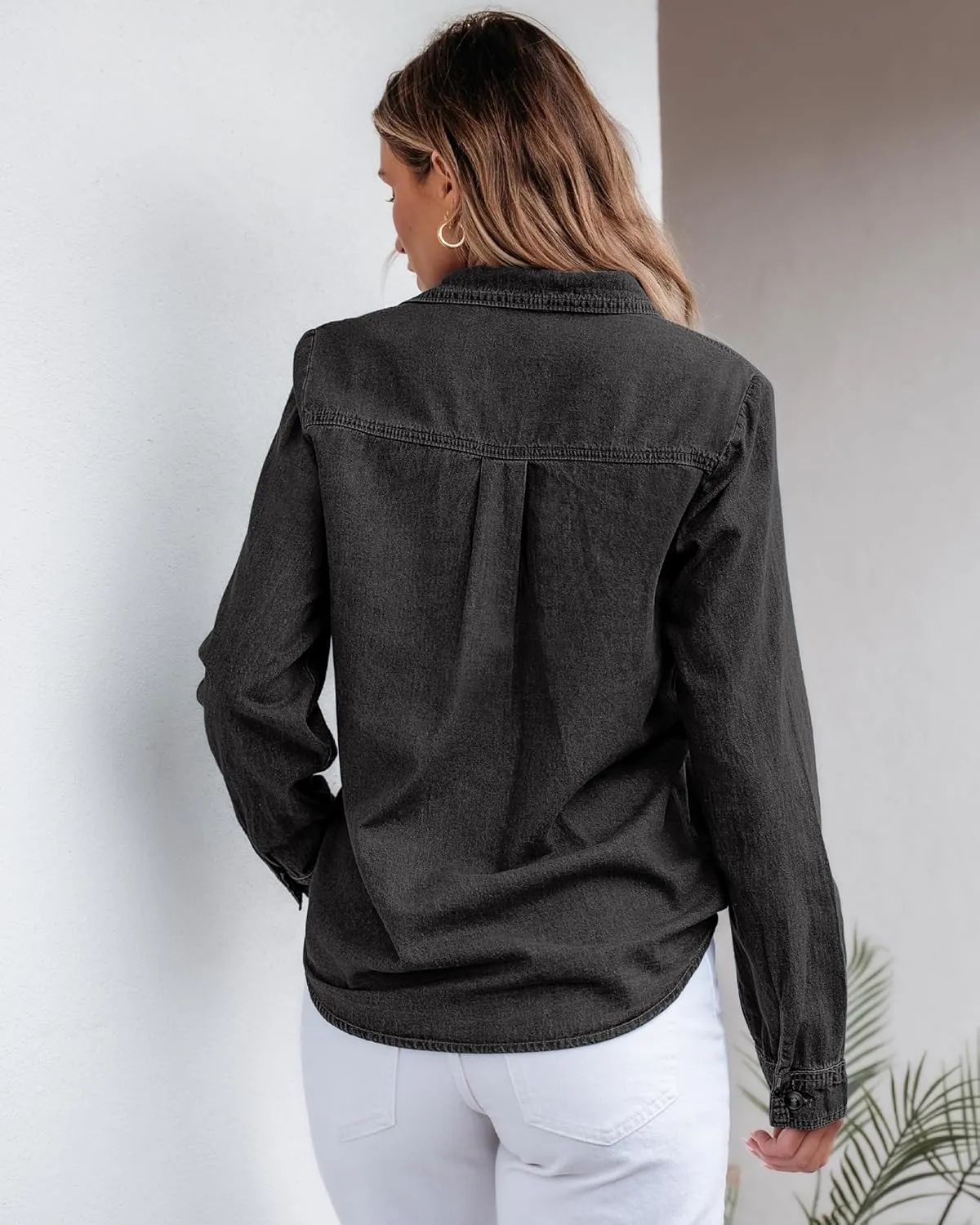 GRAPENT Denim Button Down Shirts for Women Long Sleeve Western Top Casual Cotton Relaxed Fit Jean Shirt Jacket Shacket