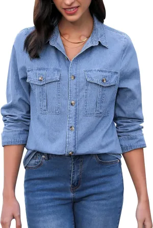 GRAPENT Denim Button Down Shirts for Women Long Sleeve Western Top Casual Cotton Relaxed Fit Jean Shirt Jacket Shacket