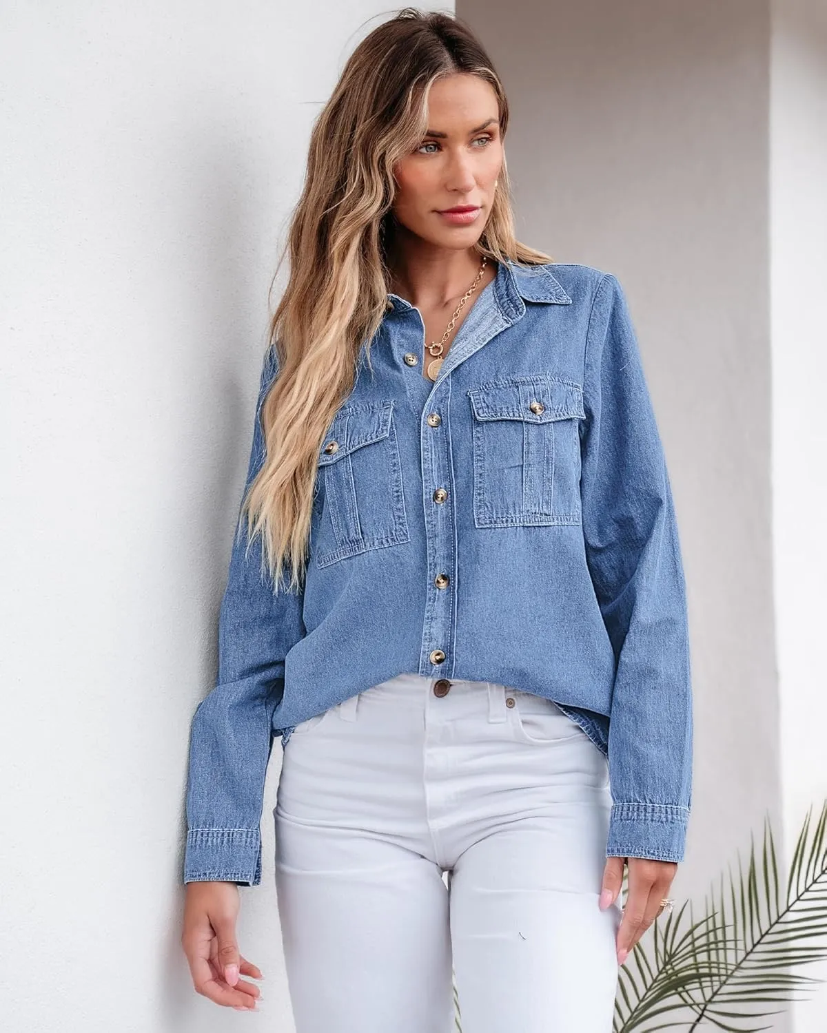 GRAPENT Denim Button Down Shirts for Women Long Sleeve Western Top Casual Cotton Relaxed Fit Jean Shirt Jacket Shacket