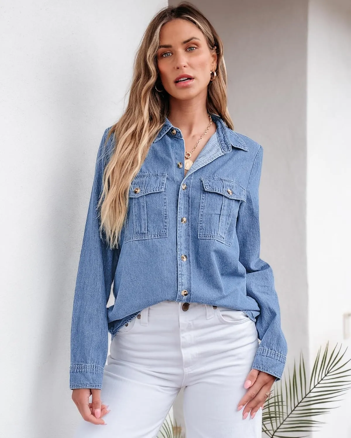 GRAPENT Denim Button Down Shirts for Women Long Sleeve Western Top Casual Cotton Relaxed Fit Jean Shirt Jacket Shacket