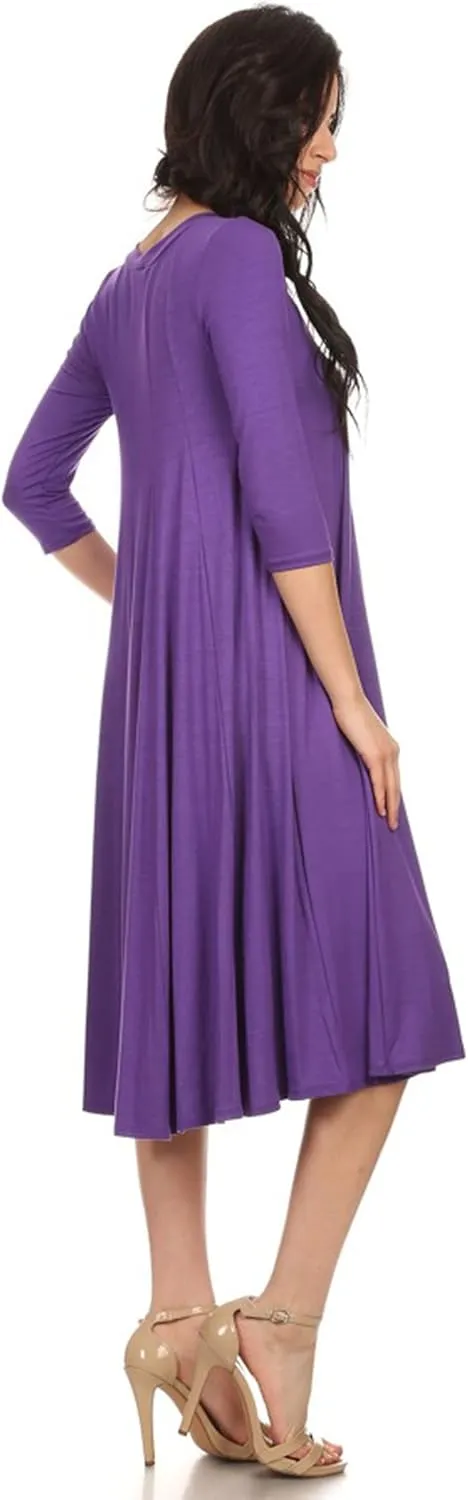 HEO CLOTHING Women's Relaxed Fit 3/4 Sleeve Round Neck Jersey Knit A-Line Solid Maxi Dress