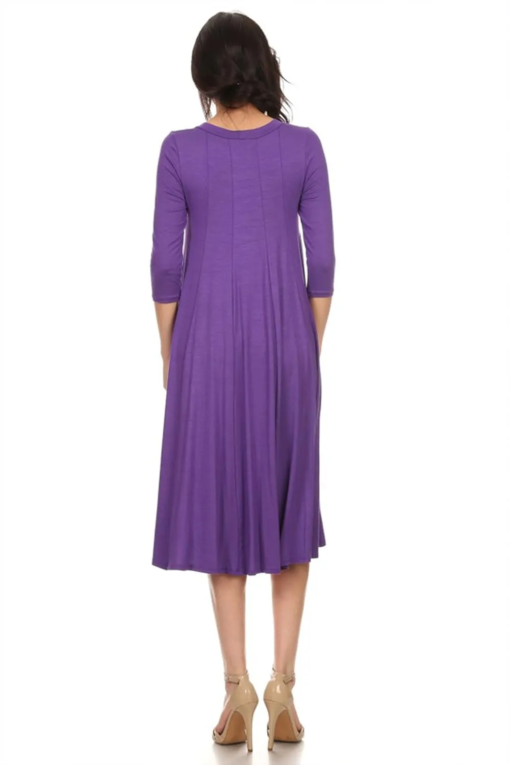 HEO CLOTHING Women's Relaxed Fit 3/4 Sleeve Round Neck Jersey Knit A-Line Solid Maxi Dress