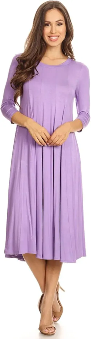 HEO CLOTHING Women's Relaxed Fit 3/4 Sleeve Round Neck Jersey Knit A-Line Solid Maxi Dress