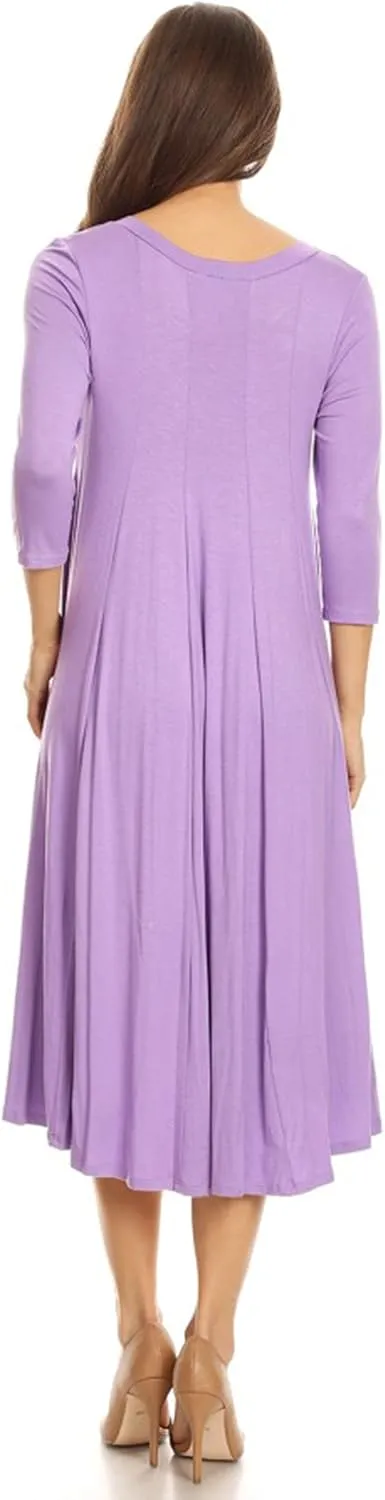 HEO CLOTHING Women's Relaxed Fit 3/4 Sleeve Round Neck Jersey Knit A-Line Solid Maxi Dress