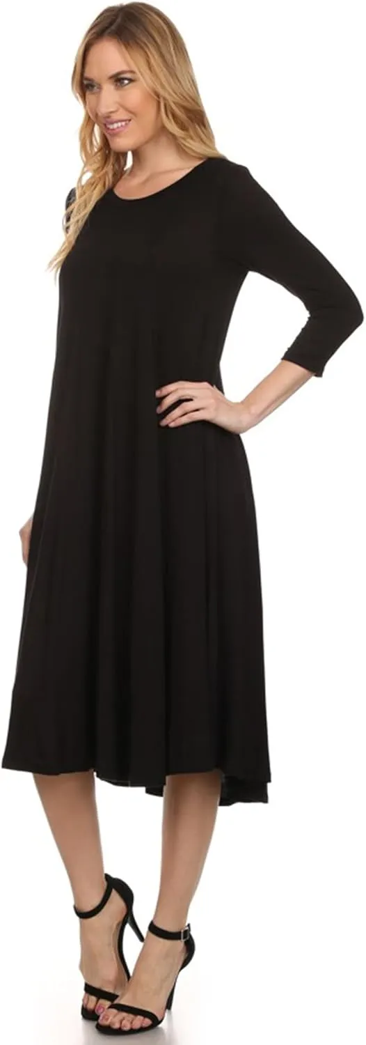 HEO CLOTHING Women's Relaxed Fit 3/4 Sleeve Round Neck Jersey Knit A-Line Solid Maxi Dress