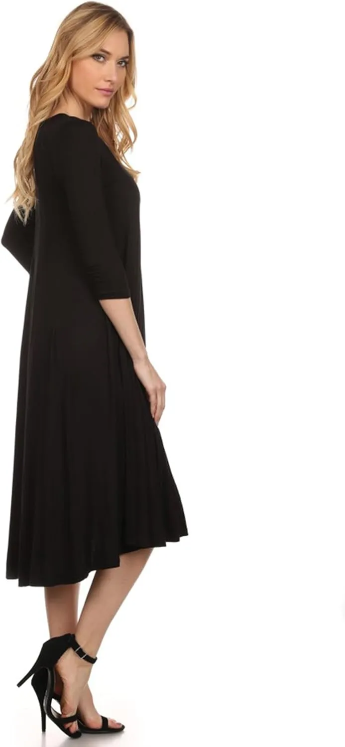 HEO CLOTHING Women's Relaxed Fit 3/4 Sleeve Round Neck Jersey Knit A-Line Solid Maxi Dress