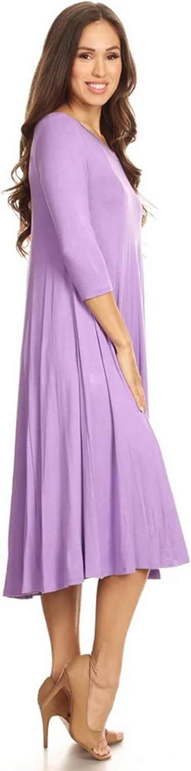 HEO CLOTHING Women's Relaxed Fit 3/4 Sleeve Round Neck Jersey Knit A-Line Solid Maxi Dress