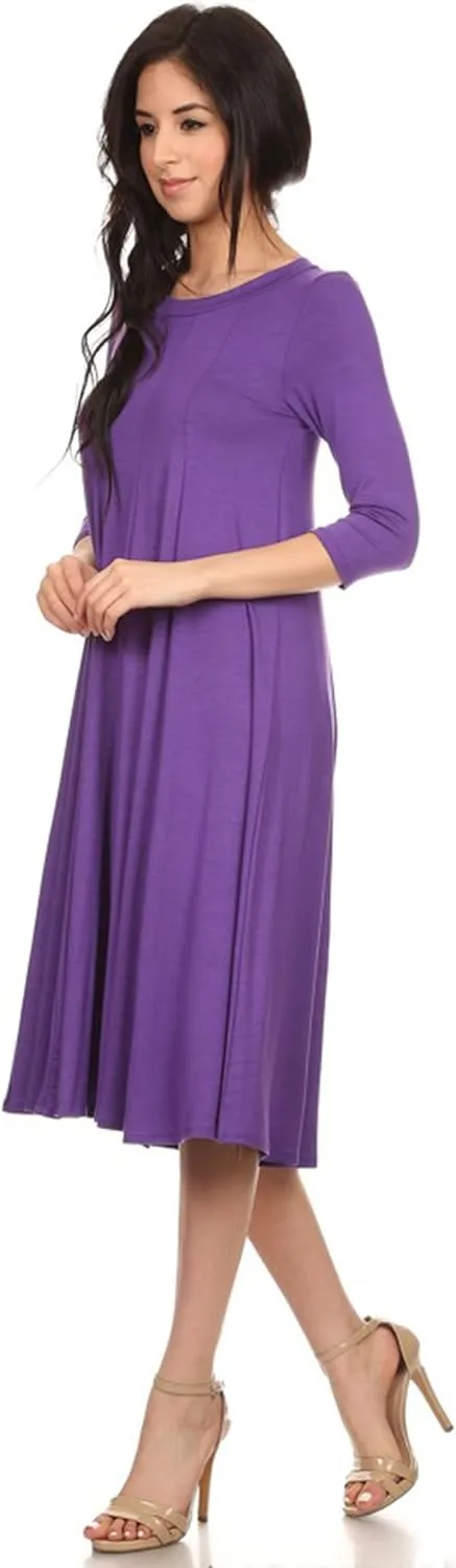 HEO CLOTHING Women's Relaxed Fit 3/4 Sleeve Round Neck Jersey Knit A-Line Solid Maxi Dress