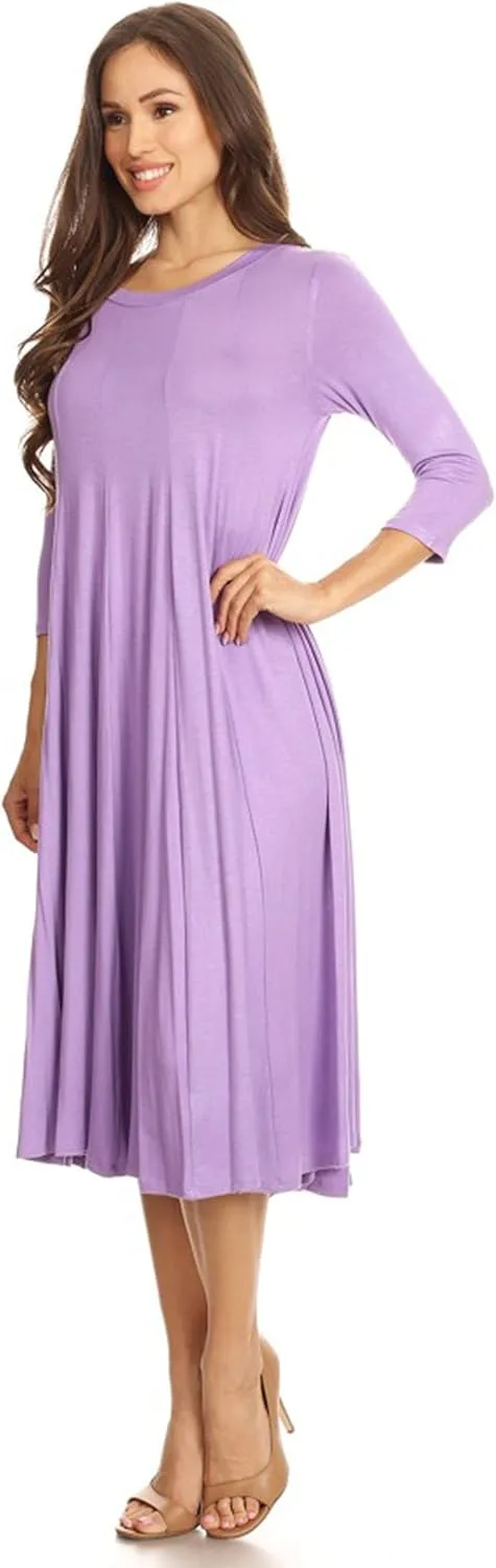 HEO CLOTHING Women's Relaxed Fit 3/4 Sleeve Round Neck Jersey Knit A-Line Solid Maxi Dress