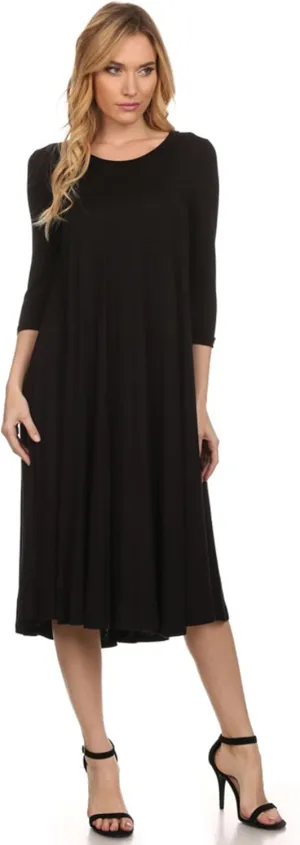 HEO CLOTHING Women's Relaxed Fit 3/4 Sleeve Round Neck Jersey Knit A-Line Solid Maxi Dress