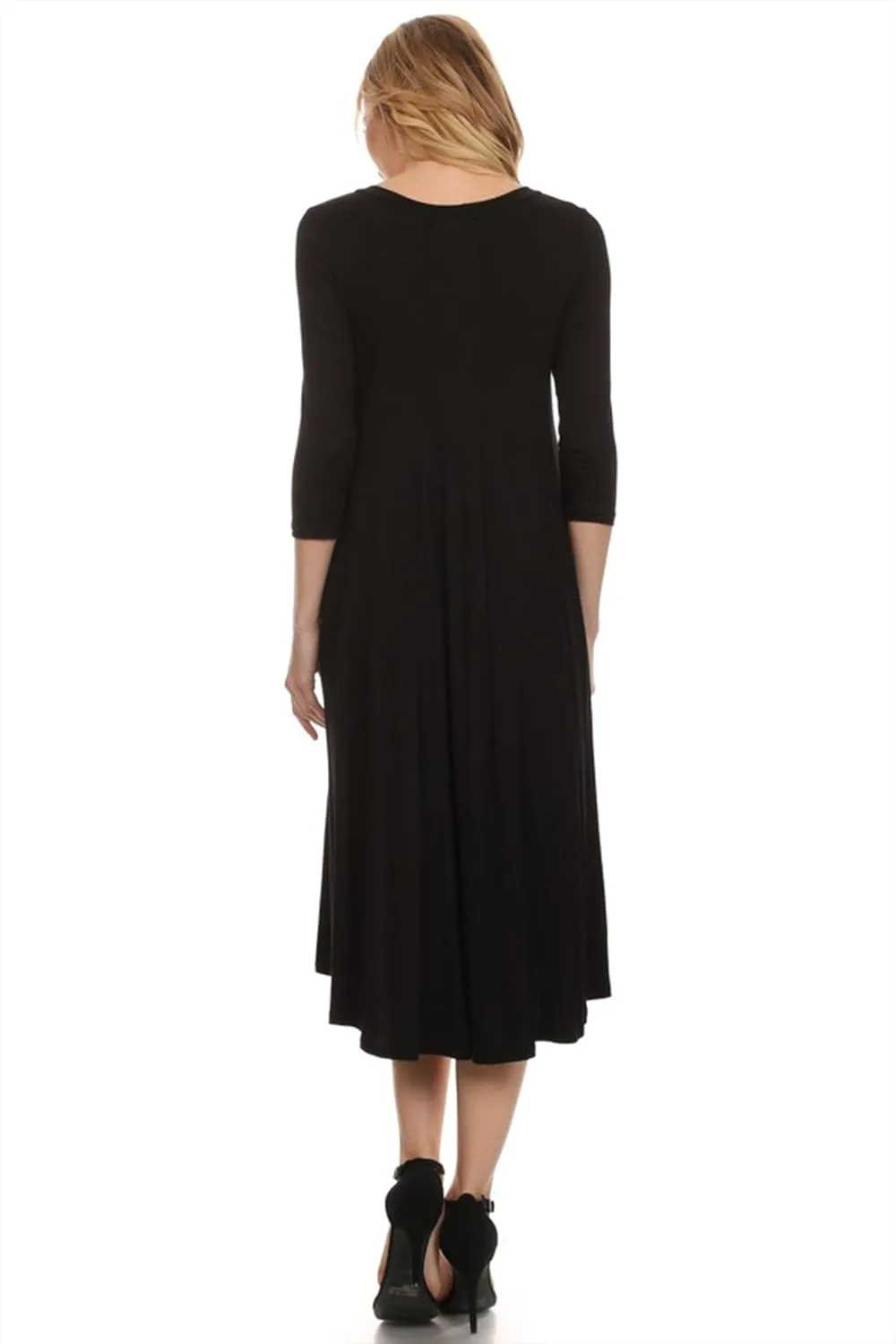 HEO CLOTHING Women's Relaxed Fit 3/4 Sleeve Round Neck Jersey Knit A-Line Solid Maxi Dress