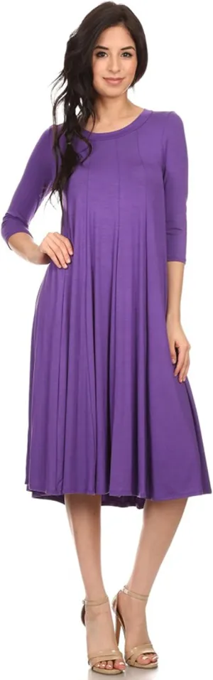 HEO CLOTHING Women's Relaxed Fit 3/4 Sleeve Round Neck Jersey Knit A-Line Solid Maxi Dress