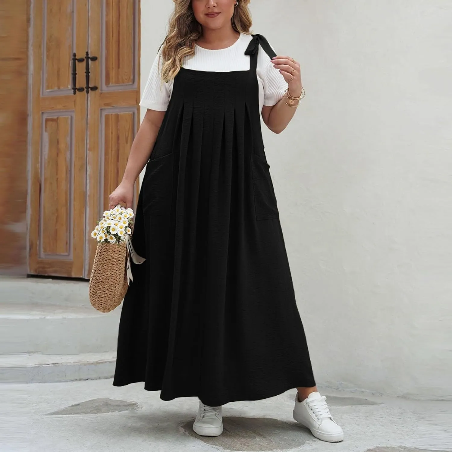 HGps8w Plus Size Womens Bib Overall Jumper Dress Loose Linen Adjustable Straps Suspender Pinafore Maxi Dress with Pockets