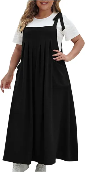 HGps8w Plus Size Womens Bib Overall Jumper Dress Loose Linen Adjustable Straps Suspender Pinafore Maxi Dress with Pockets
