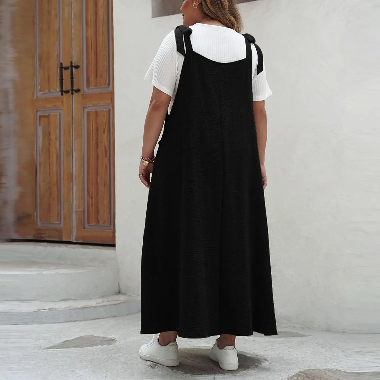 HGps8w Plus Size Womens Bib Overall Jumper Dress Loose Linen Adjustable Straps Suspender Pinafore Maxi Dress with Pockets
