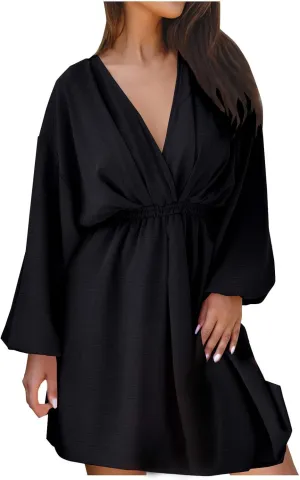 hlysgo Summer Dresses for Women 2025 Casual Loose Fit Lantren Long Sleeve V Neck Mini Dress A-Line Swing Short Beach Dress