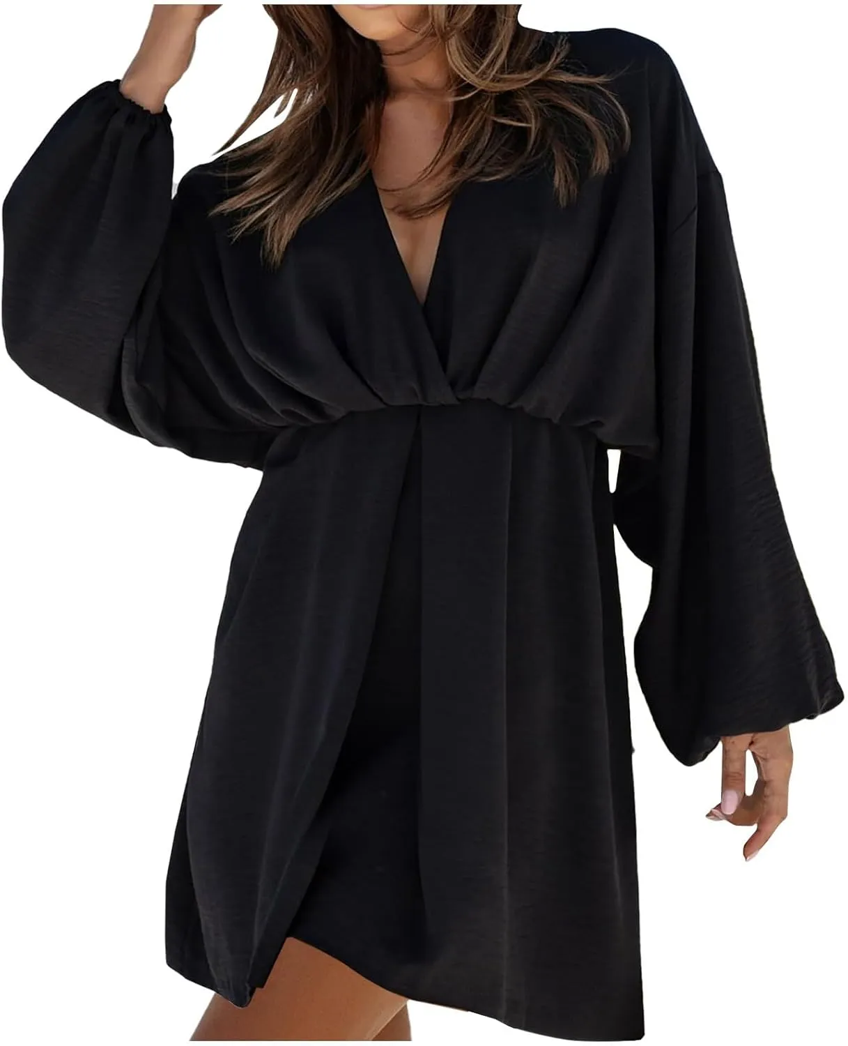 hlysgo Summer Dresses for Women 2025 Casual Loose Fit Lantren Long Sleeve V Neck Mini Dress A-Line Swing Short Beach Dress