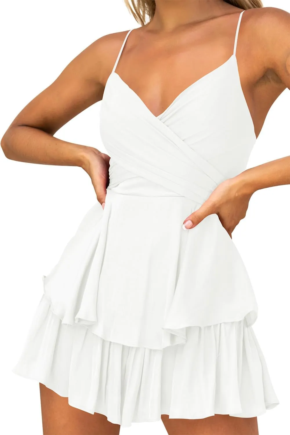 Hocuos Women's Dress Sexy V-Neck Adjustable Spaghetti Strap Waist Tie Sleeveless Layer Ruffle Hem A Line Mini Dress