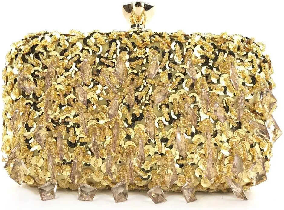 HUFFA Women Beaded Evening Clutch Bags Wedding Bridal Handbags Party Dinner Purse (Color : Gold)