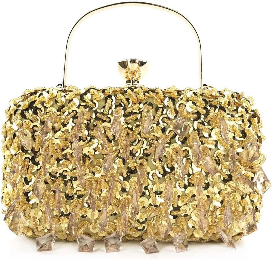 HUFFA Women Beaded Evening Clutch Bags Wedding Bridal Handbags Party Dinner Purse (Color : Gold)