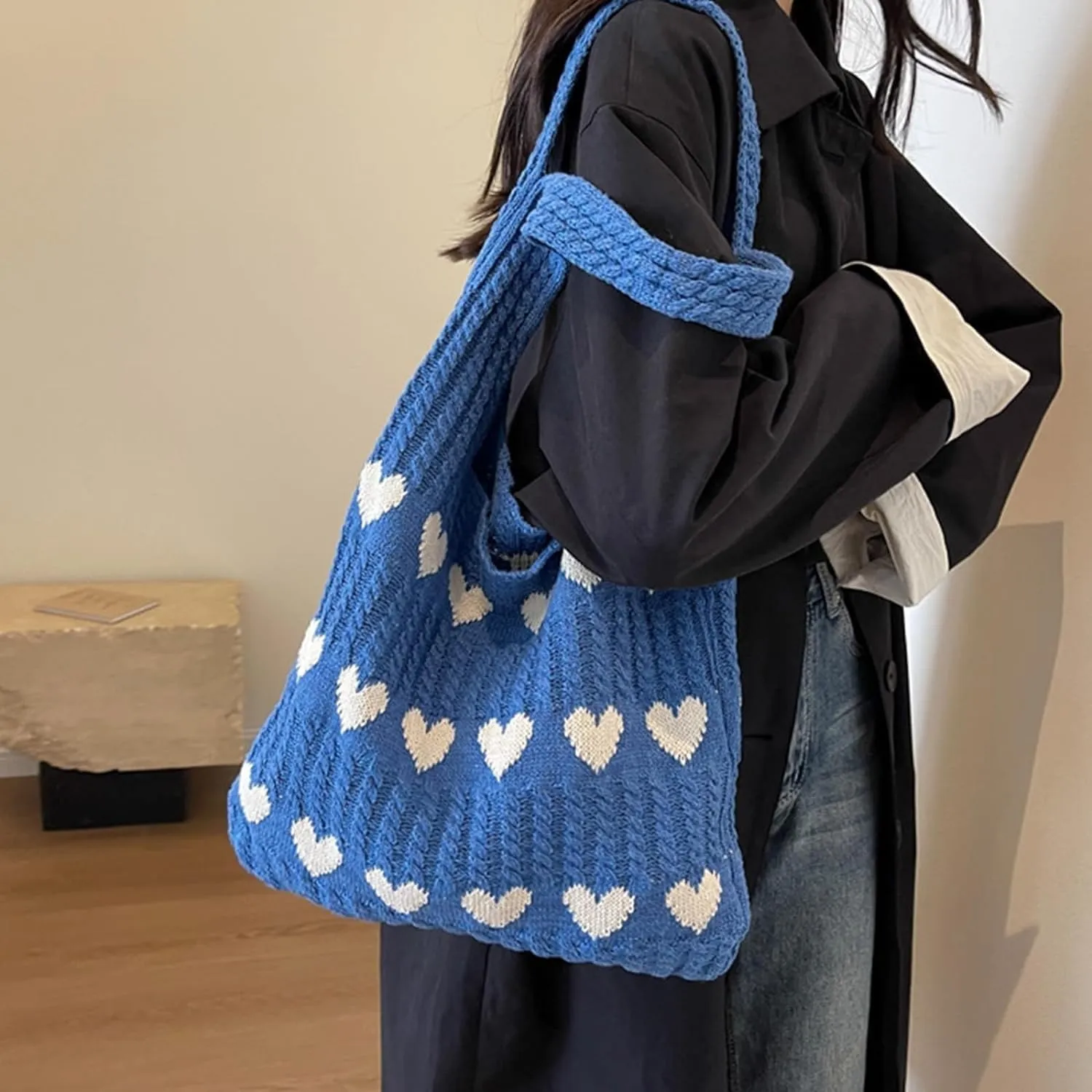 INFLAG Crochet Tote Bag Cute Heart Tote Bag Y2k Aesthetic Knit Love Bags Beach Tote Bag for Women, Accessories Shoulder Bag