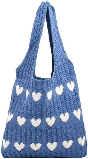 INFLAG Crochet Tote Bag Cute Heart Tote Bag Y2k Aesthetic Knit Love Bags Beach Tote Bag for Women, Accessories Shoulder Bag