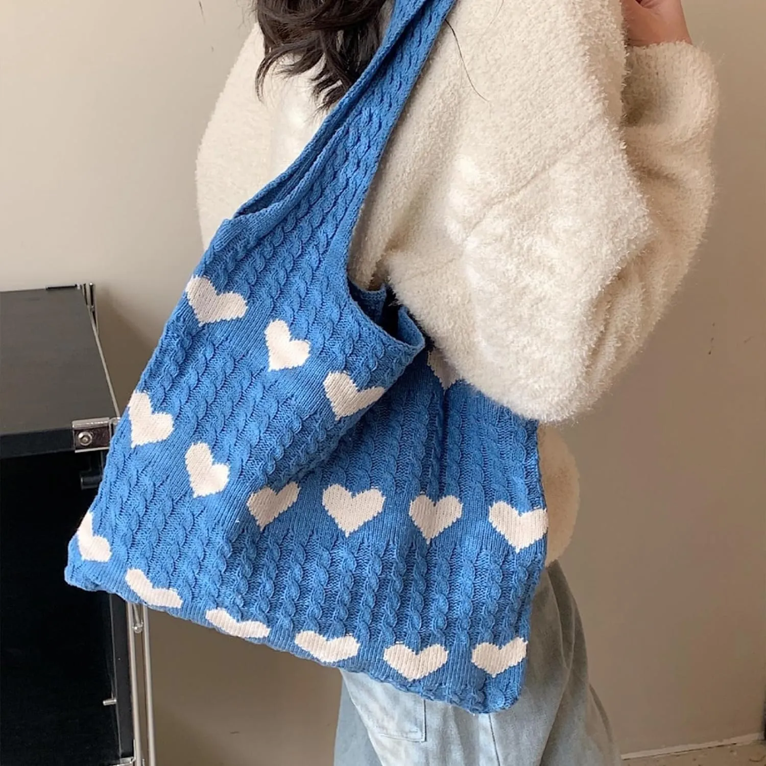 INFLAG Crochet Tote Bag Cute Heart Tote Bag Y2k Aesthetic Knit Love Bags Beach Tote Bag for Women, Accessories Shoulder Bag
