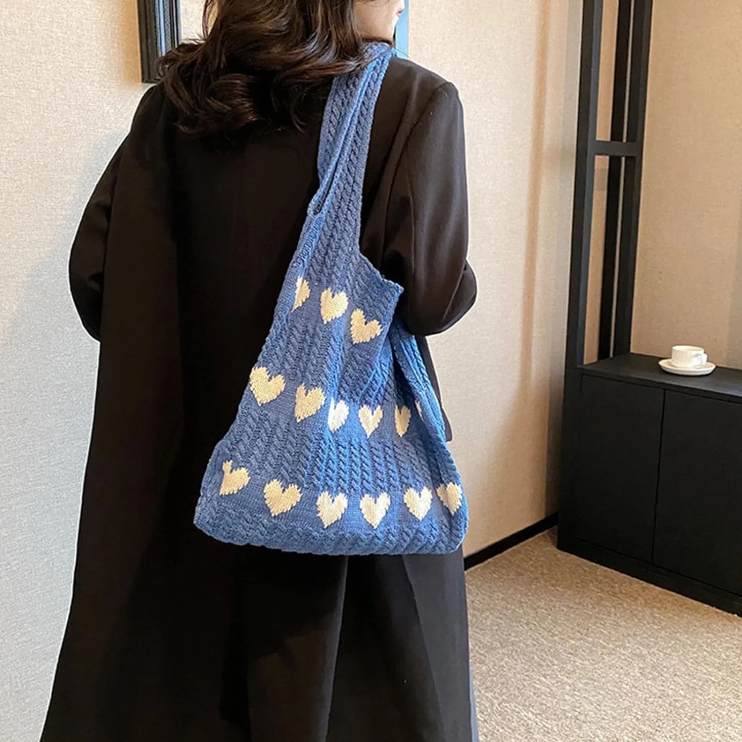 INFLAG Crochet Tote Bag Cute Heart Tote Bag Y2k Aesthetic Knit Love Bags Beach Tote Bag for Women, Accessories Shoulder Bag