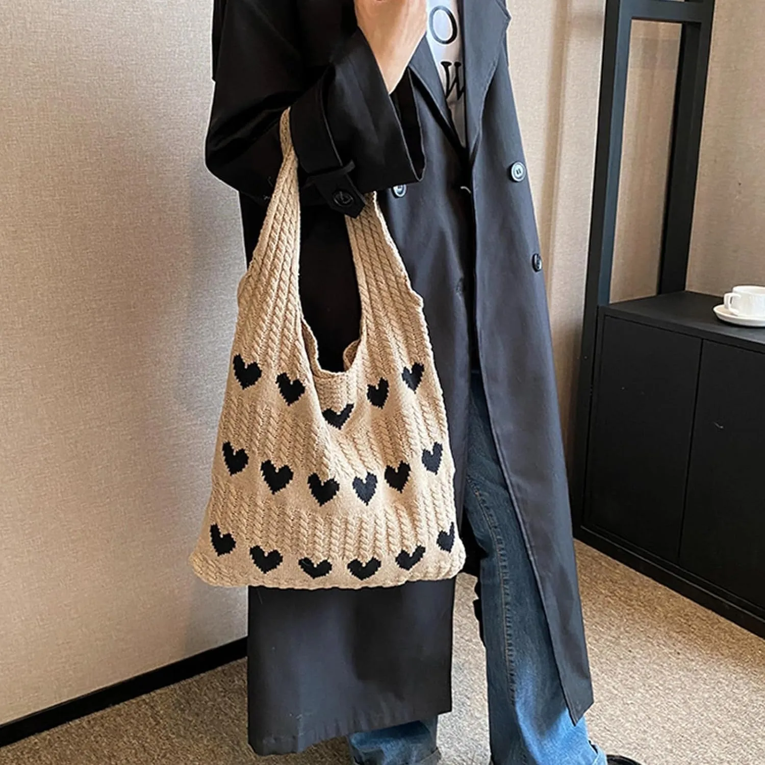 INFLAG Crochet Tote Bag Cute Heart Tote Bag Y2k Aesthetic Knit Love Bags Beach Tote Bag for Women, Accessories Shoulder Bag