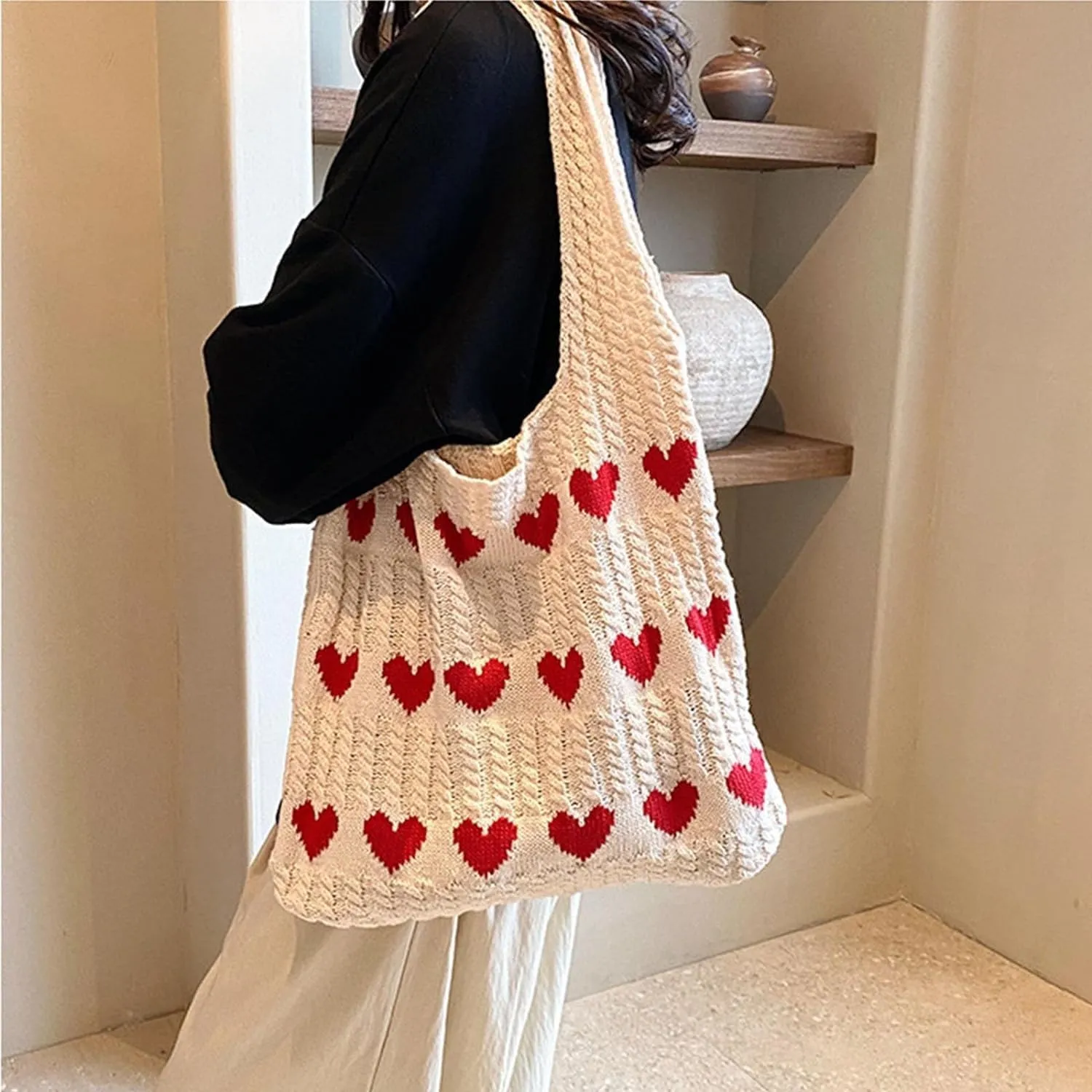 INFLAG Crochet Tote Bag Cute Heart Tote Bag Y2k Aesthetic Knit Love Bags Beach Tote Bag for Women, Accessories Shoulder Bag