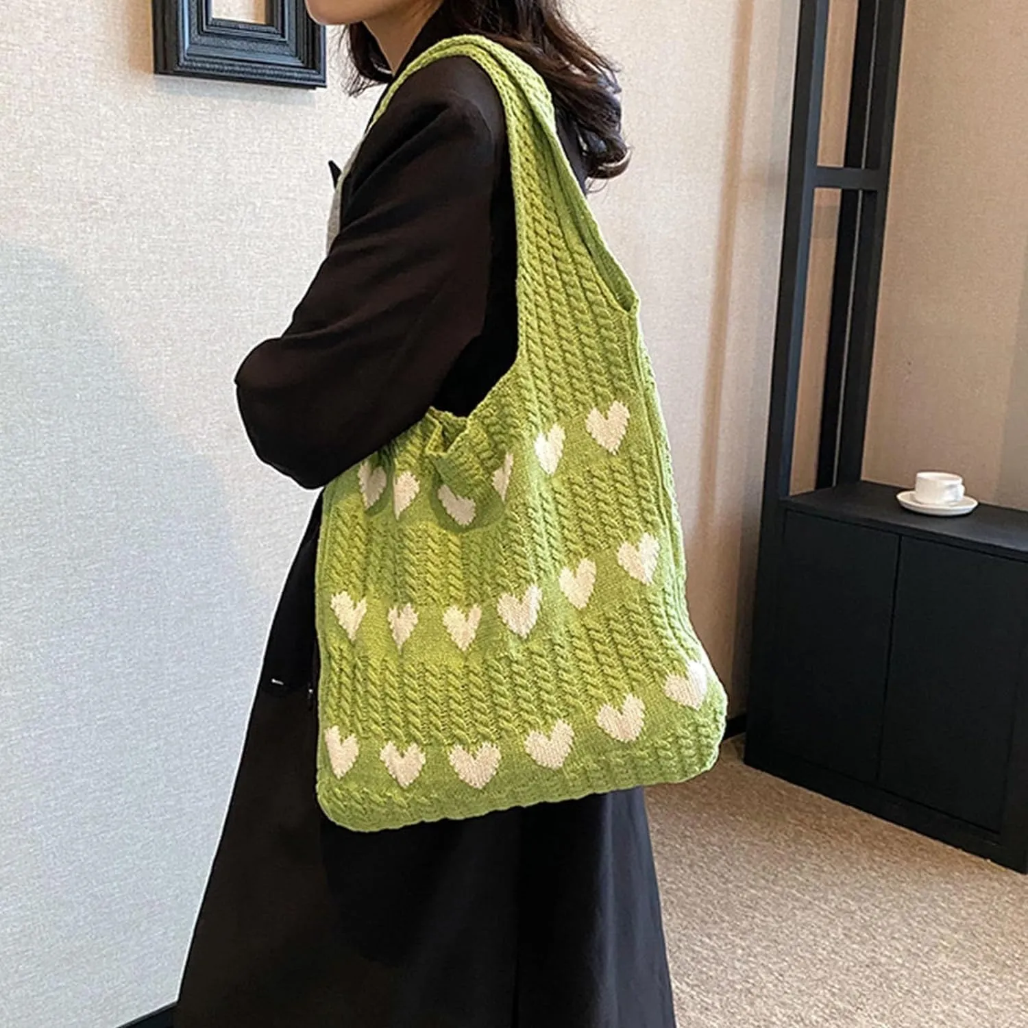 INFLAG Crochet Tote Bag Cute Heart Tote Bag Y2k Aesthetic Knit Love Bags Beach Tote Bag for Women, Accessories Shoulder Bag