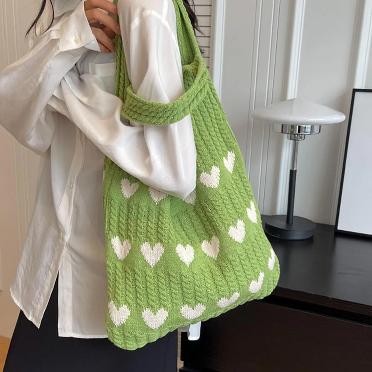 INFLAG Crochet Tote Bag Cute Heart Tote Bag Y2k Aesthetic Knit Love Bags Beach Tote Bag for Women, Accessories Shoulder Bag