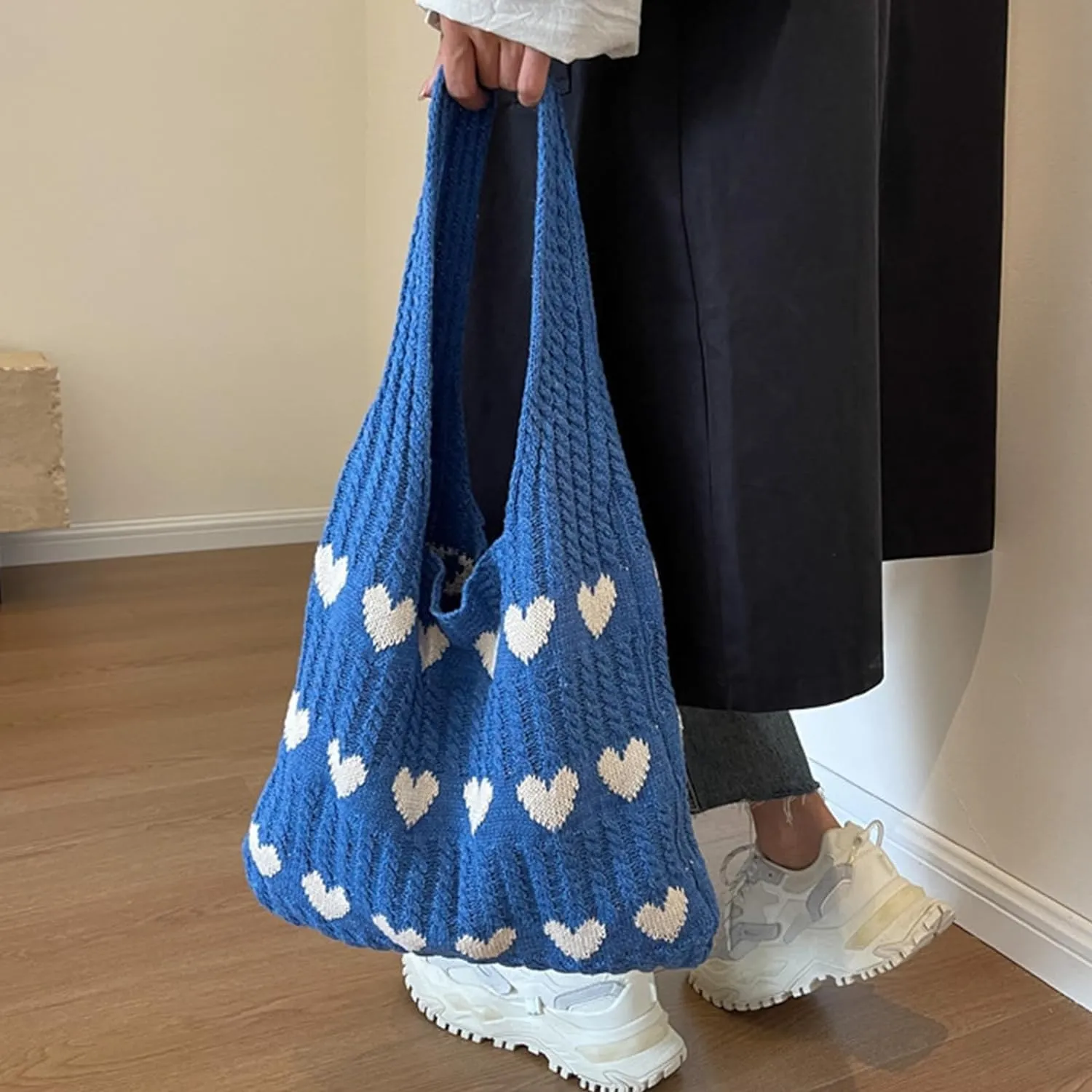 INFLAG Crochet Tote Bag Cute Heart Tote Bag Y2k Aesthetic Knit Love Bags Beach Tote Bag for Women, Accessories Shoulder Bag