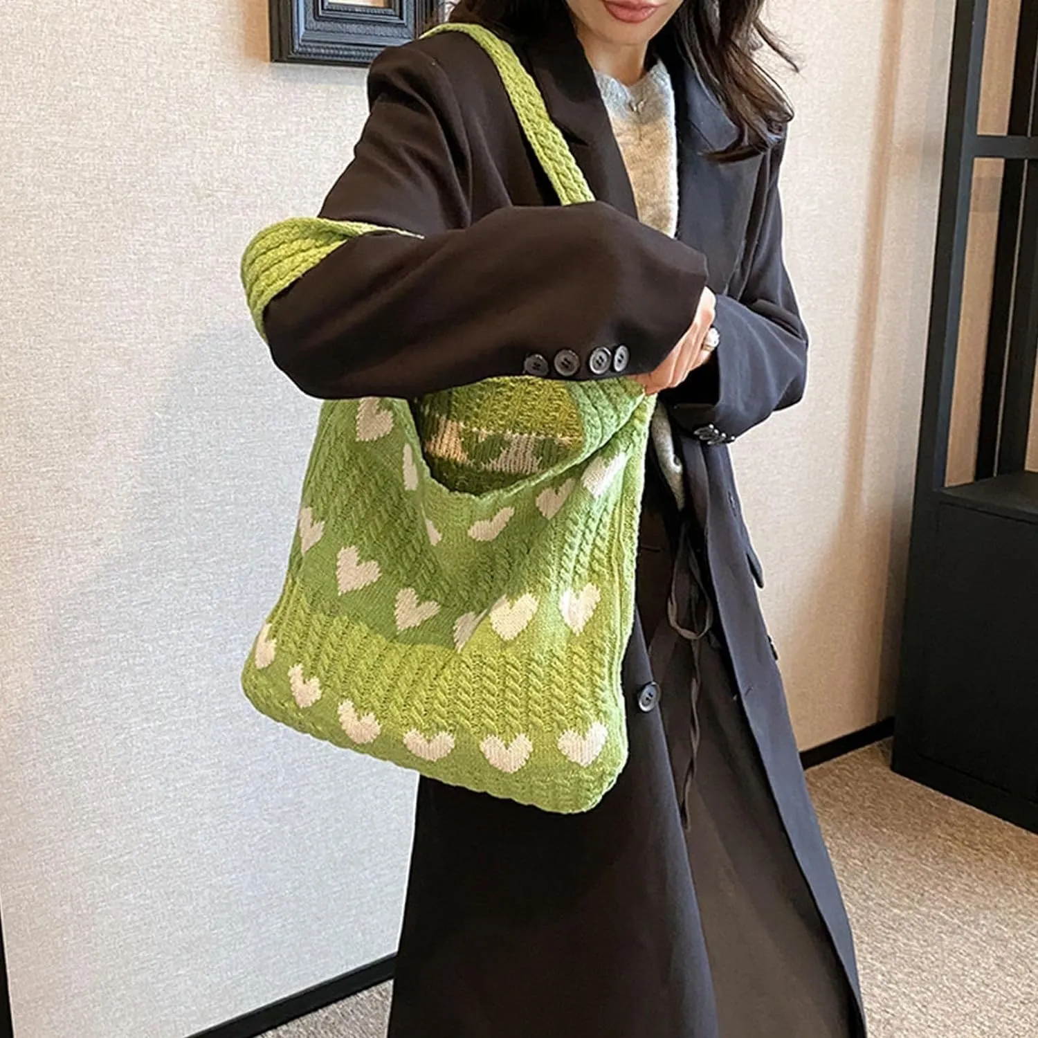 INFLAG Crochet Tote Bag Cute Heart Tote Bag Y2k Aesthetic Knit Love Bags Beach Tote Bag for Women, Accessories Shoulder Bag