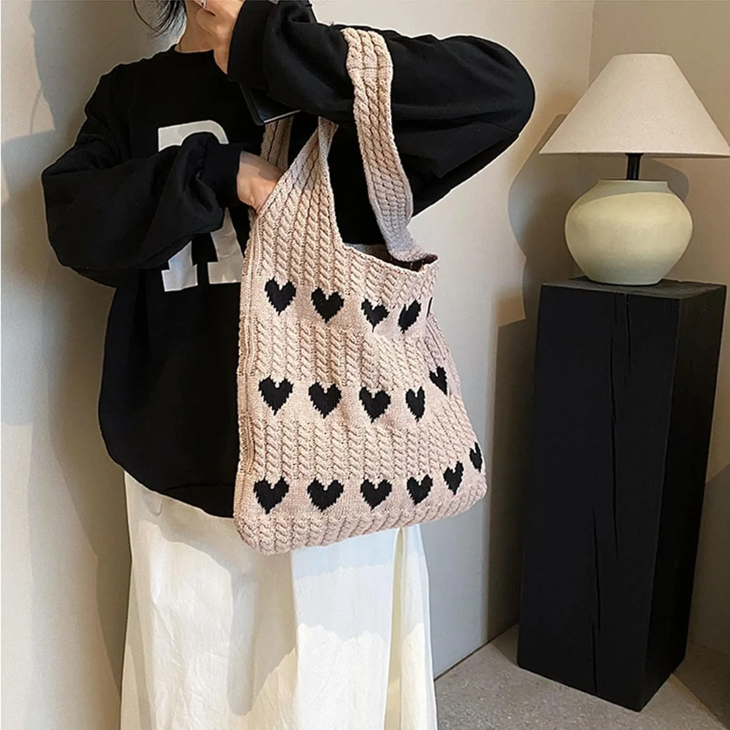 INFLAG Crochet Tote Bag Cute Heart Tote Bag Y2k Aesthetic Knit Love Bags Beach Tote Bag for Women, Accessories Shoulder Bag