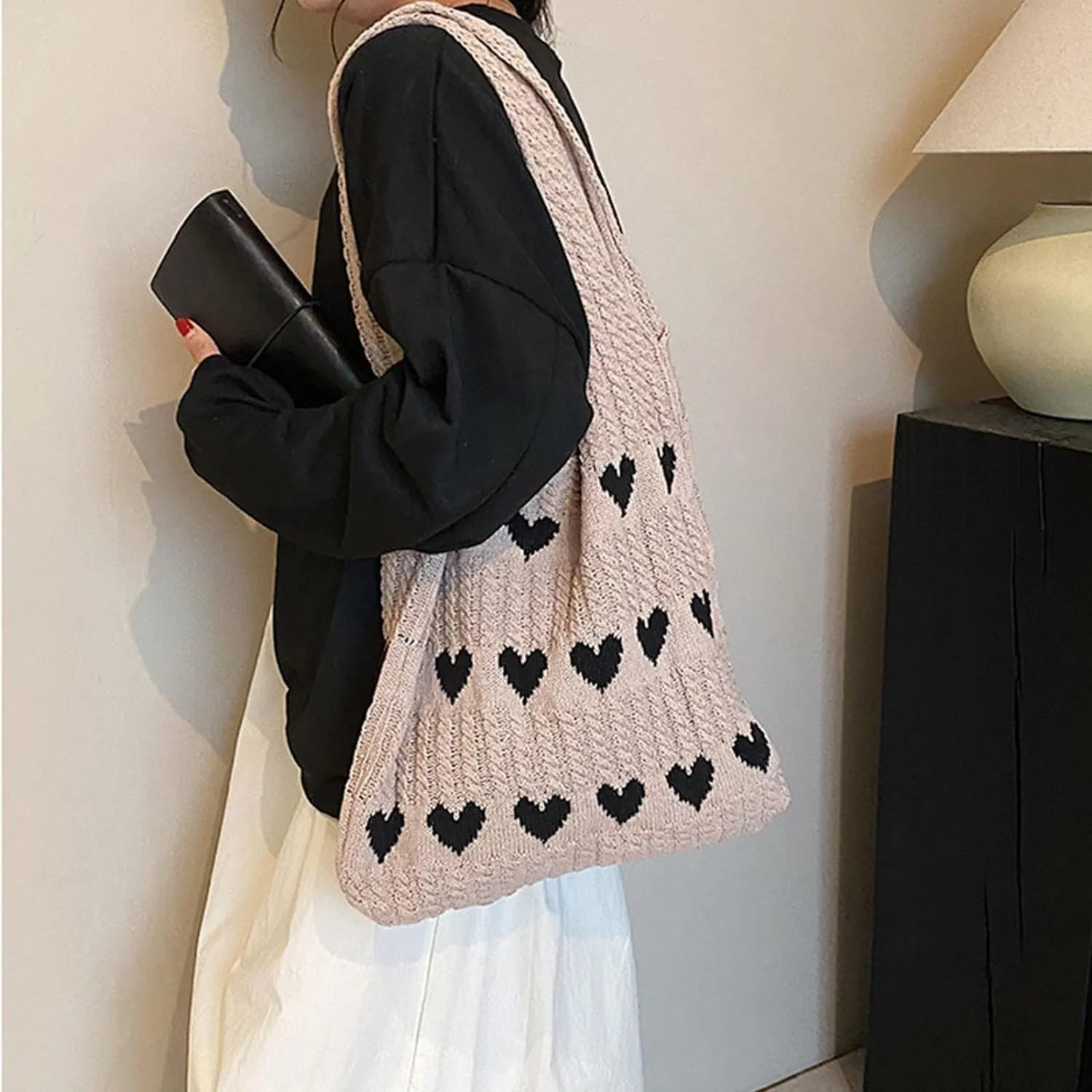 INFLAG Crochet Tote Bag Cute Heart Tote Bag Y2k Aesthetic Knit Love Bags Beach Tote Bag for Women, Accessories Shoulder Bag