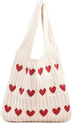 INFLAG Crochet Tote Bag Cute Heart Tote Bag Y2k Aesthetic Knit Love Bags Beach Tote Bag for Women, Accessories Shoulder Bag