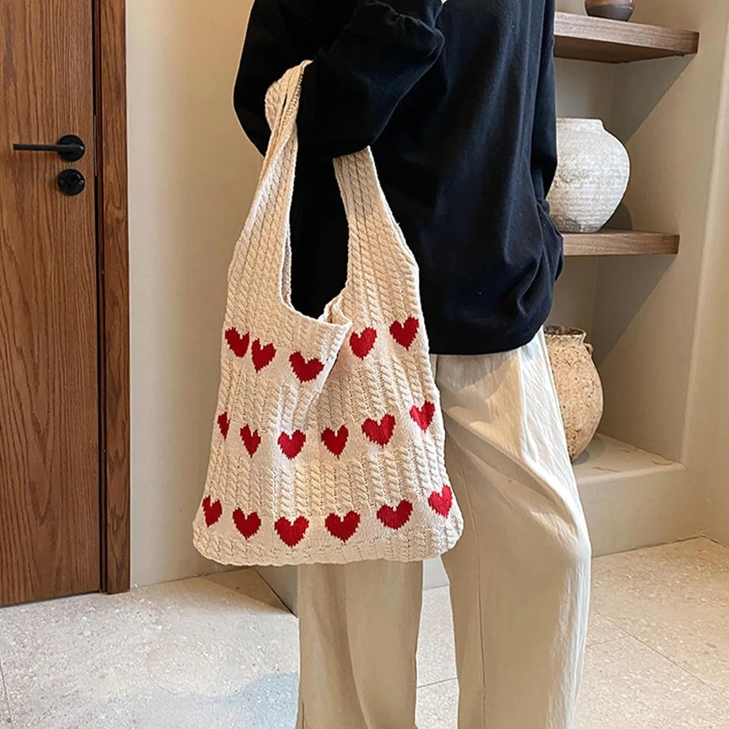 INFLAG Crochet Tote Bag Cute Heart Tote Bag Y2k Aesthetic Knit Love Bags Beach Tote Bag for Women, Accessories Shoulder Bag